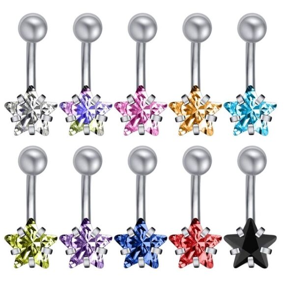 14G 316L Star Cubic Zirconia Barbell Belly Button Navel Rings -  Set of 10 - Picture 1 of 7